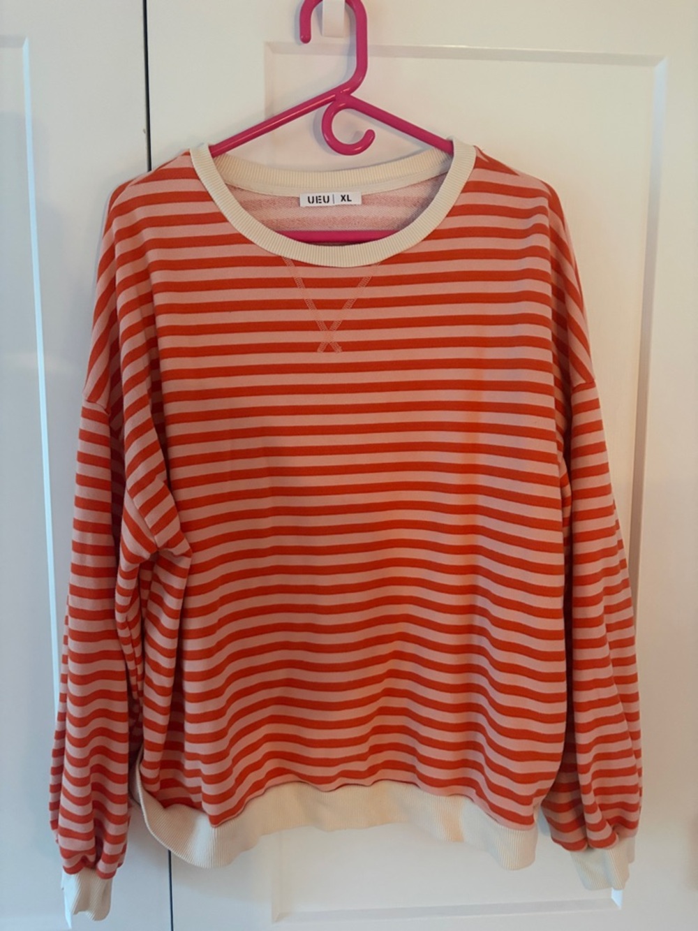 Coral Pink and White Striped Long Sleeve Tee with Contrast Trim